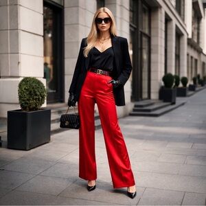 Anne Klein Red Wide Leg Trousers XXS Satin Luxe Minimalist